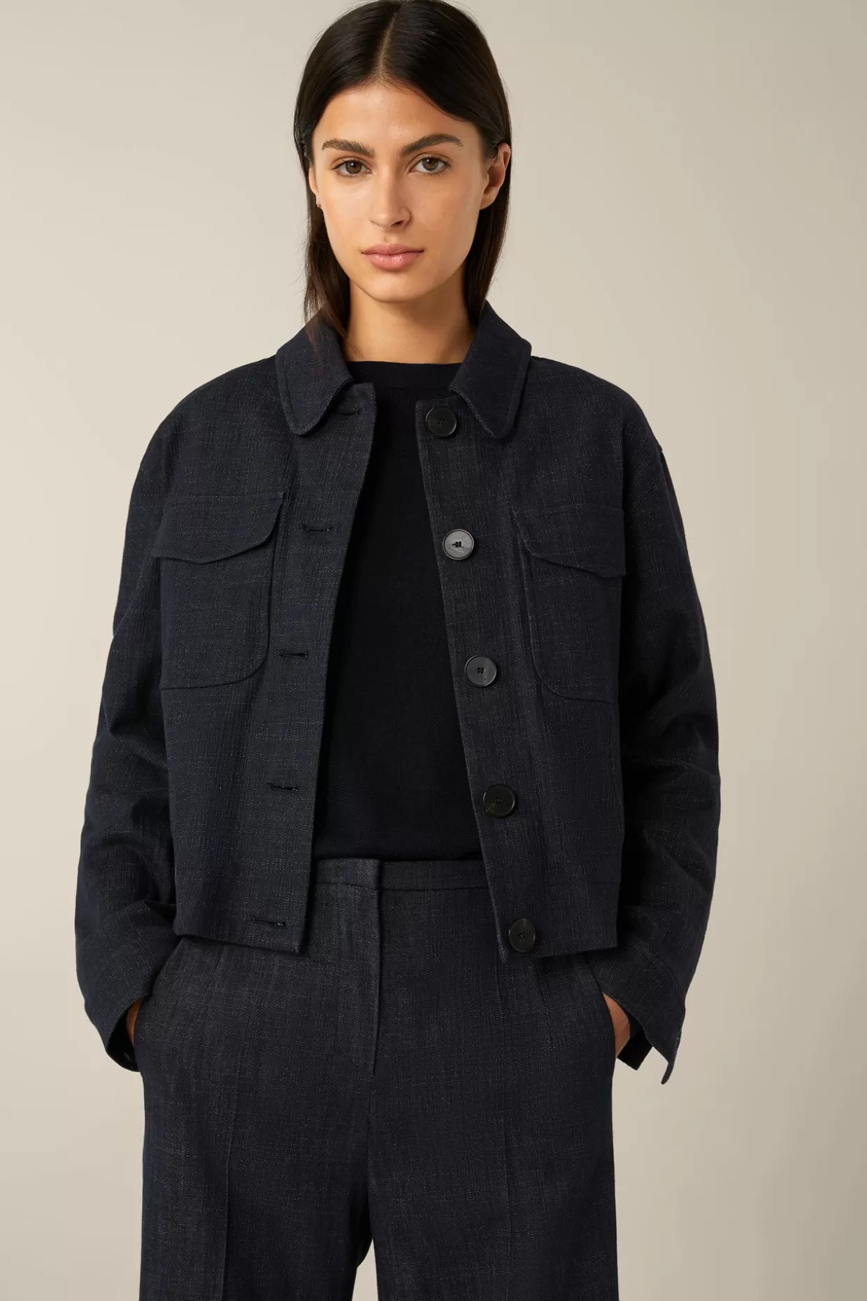 Damen Windsor Jeans-Blazer-Jacke In Dark Denim Blue