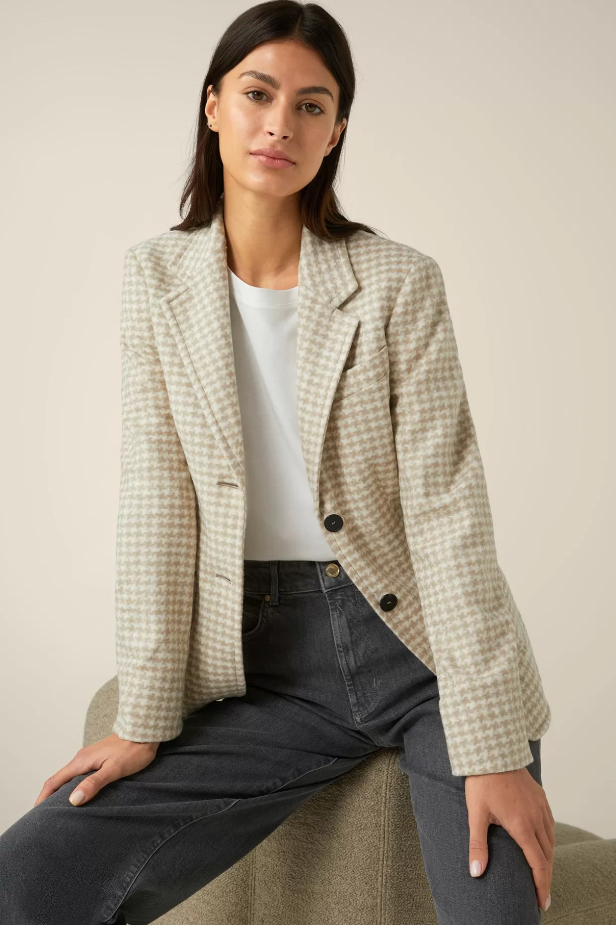 Damen Windsor Jersey-Blazer In Beige-Ecru Gemustert