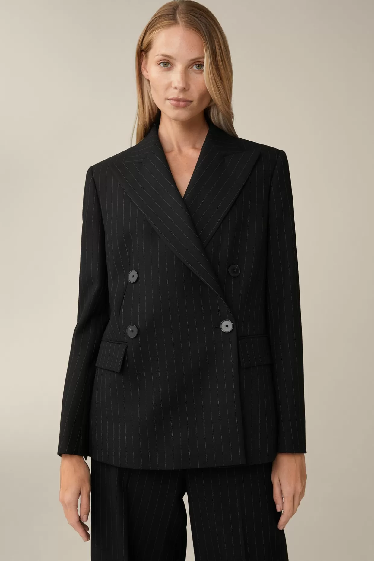 Damen Windsor Schurwoll-Twill-Doppelreiher-Blazer Mit Nadelstreifen In