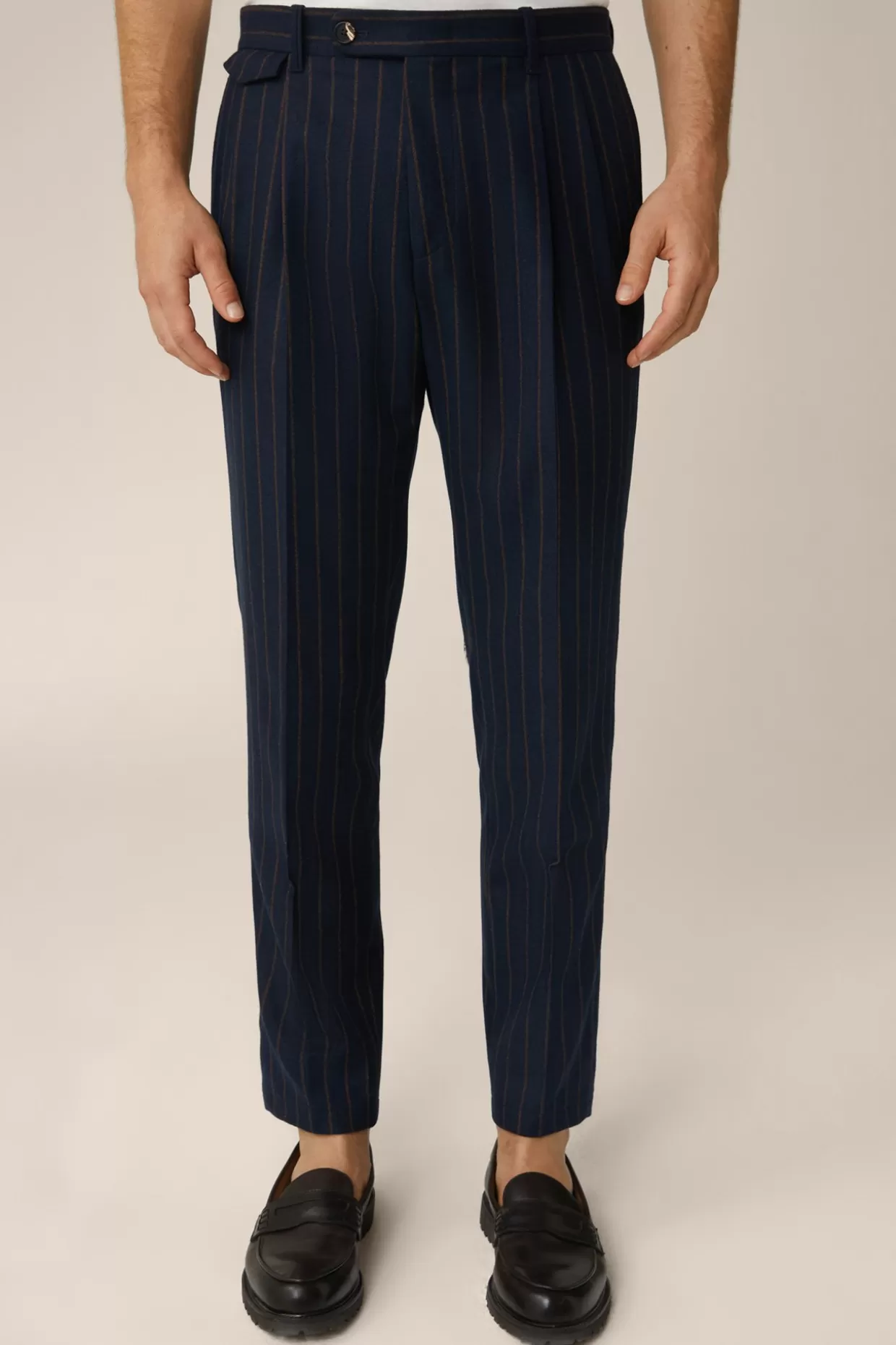 Herren Windsor Wollmix-Baukasten-Hose Sapo Mit Bundfalte In Navy Mit Braunen Nadelstreifen