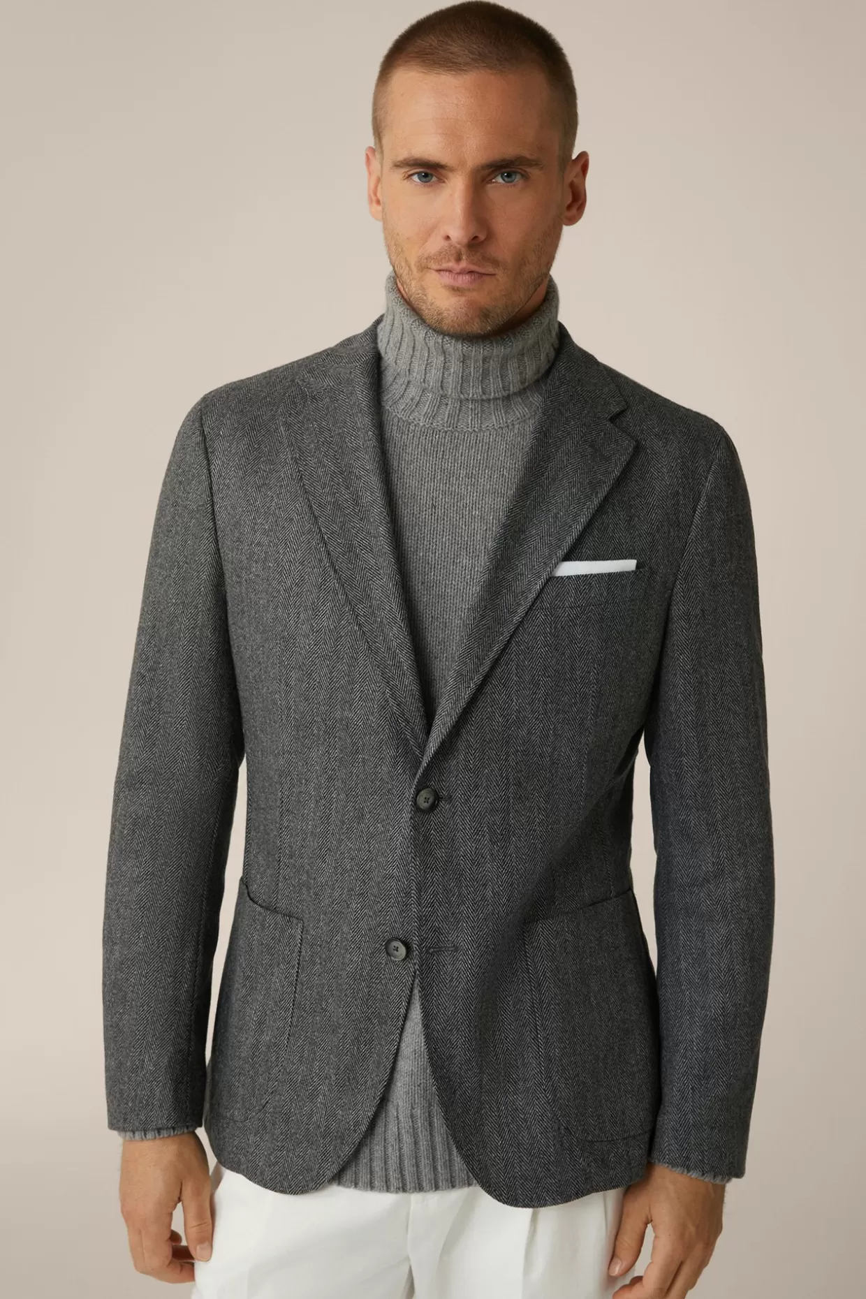 Herren Windsor Wollmix-Sakko Giro Mit Cashmere In Fischgrat Schwarz-Grau